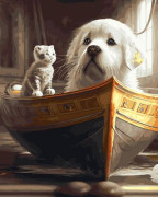 Картина по номерам 40*50 ОК 11415 Щенок и котенокв лодке.