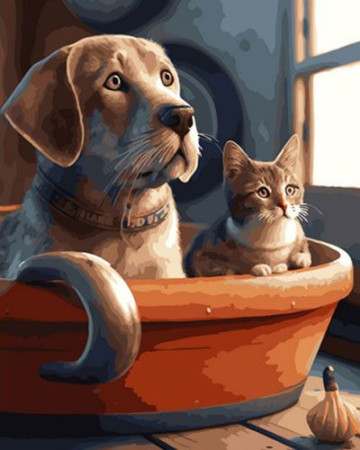 Картина по номерам 40*50 ОК 11414 Собака и котенок.